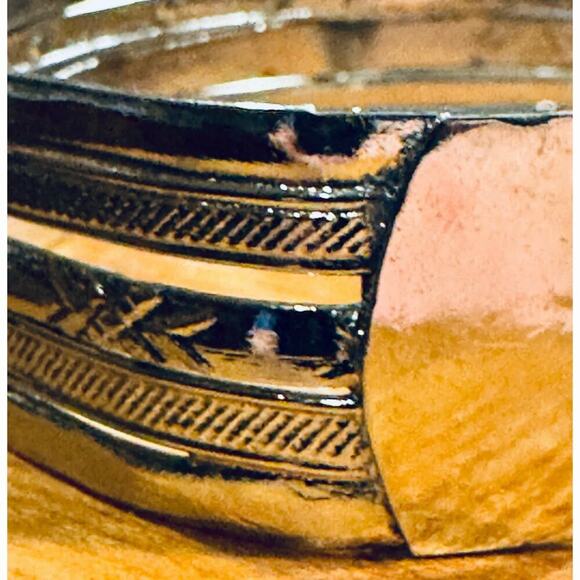 Southwestern Silver Tone Wide Cuff Bracelet, Engraved Tribal Design, Adjustable - Picture 4 of 4